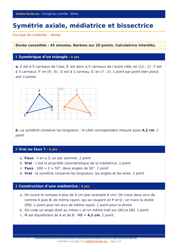 Fiche PDF : Symétrie axiale, médiatrice et bissectrice (6ème)