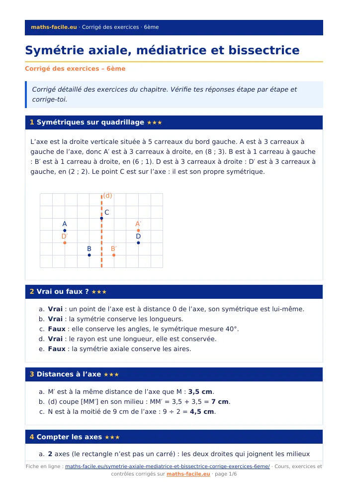 Fiche PDF : Symétrie axiale, médiatrice et bissectrice (6ème)
