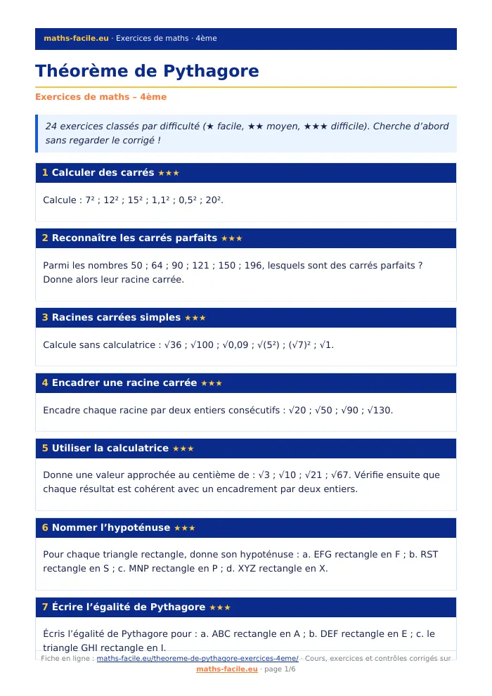 Fiche PDF : Théorème de Pythagore (4ème)