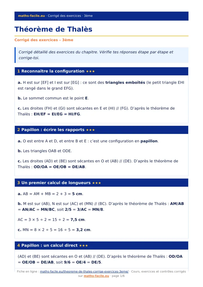 Fiche PDF : Théorème de Thalès (3ème)