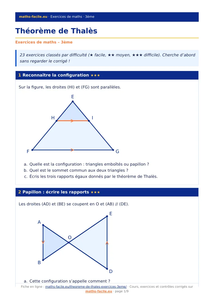 Fiche PDF : Théorème de Thalès (3ème)