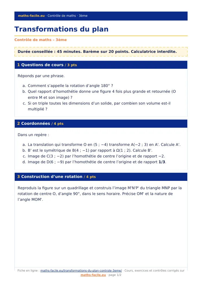Fiche PDF : Transformations du plan (3ème)