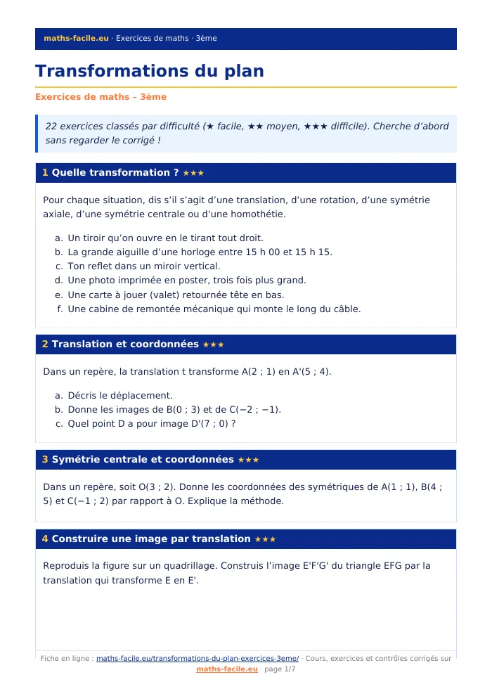 Fiche PDF : Transformations du plan (3ème)