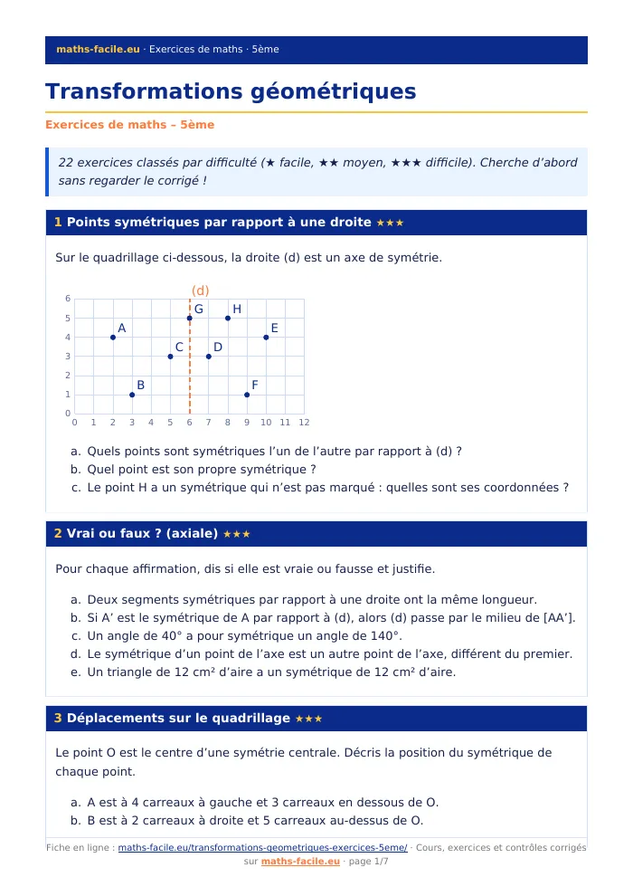 Fiche PDF : Transformations géométriques (5ème)