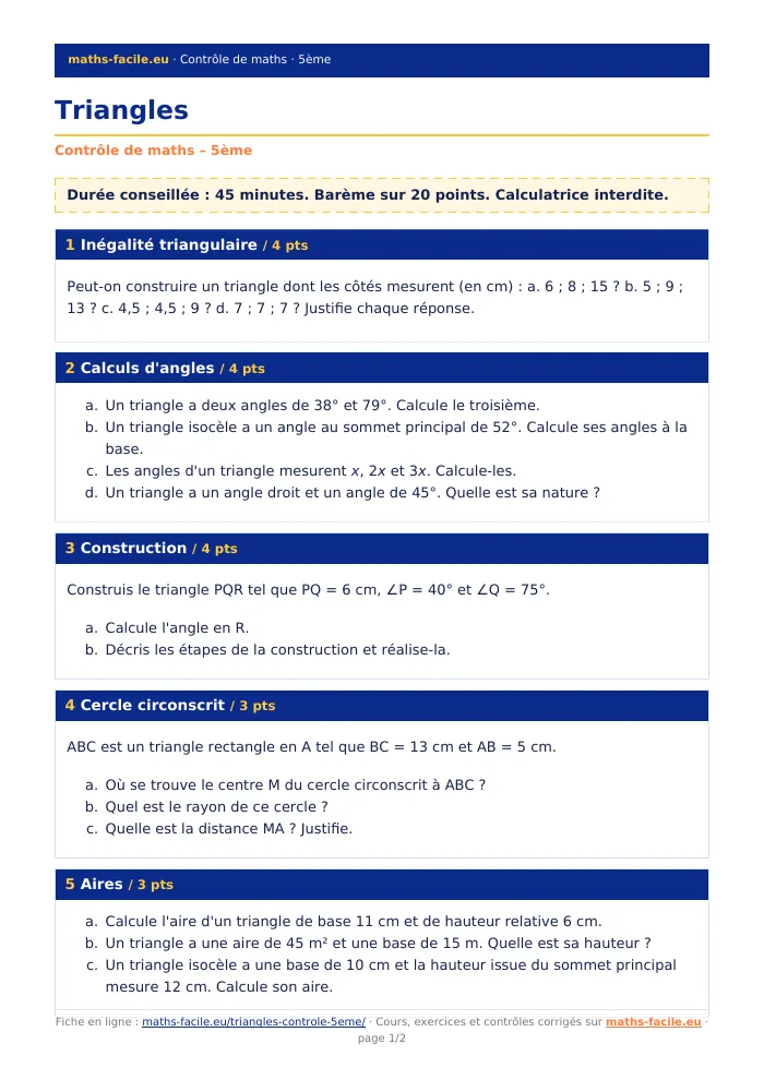 Fiche PDF : Triangles (5ème)