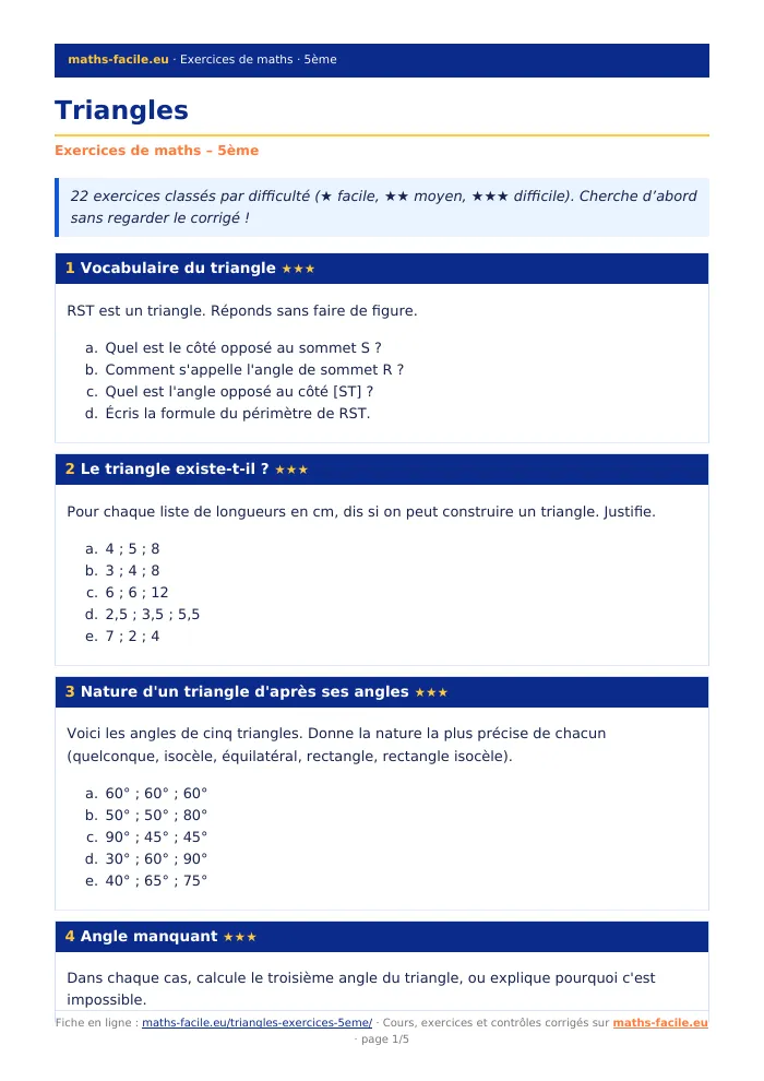 Fiche PDF : Triangles (5ème)