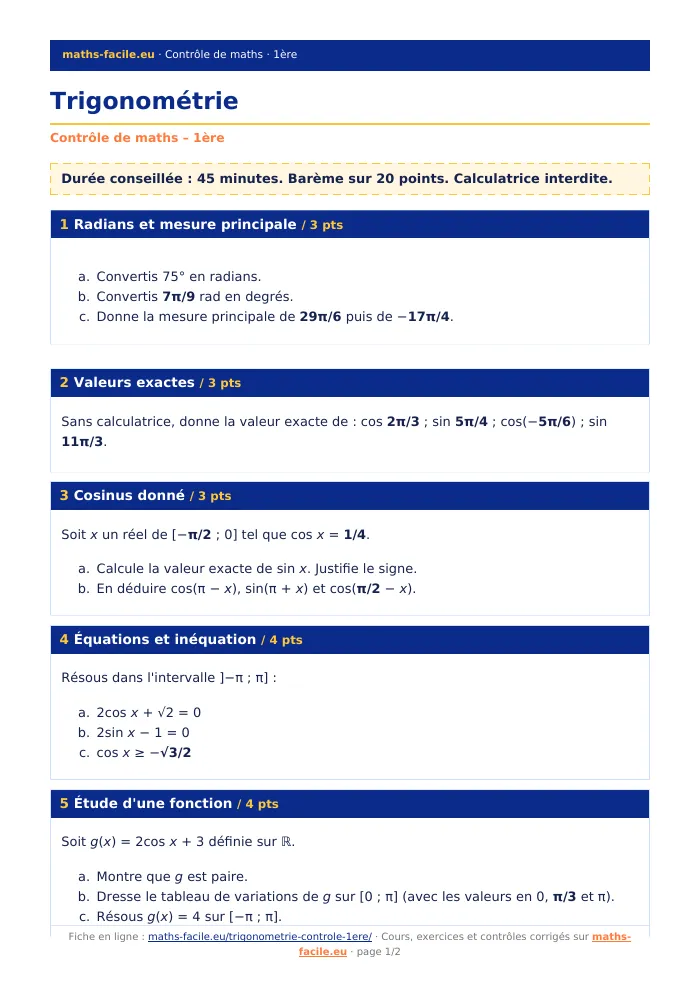 Fiche PDF : Trigonométrie (1ère)
