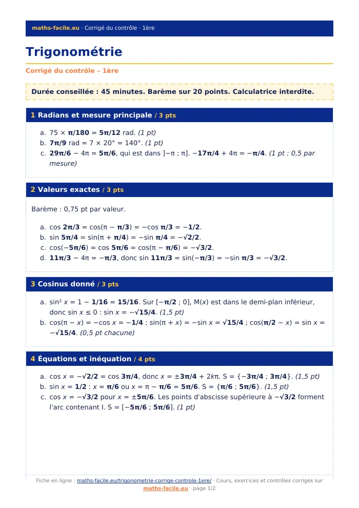 Fiche PDF : Trigonométrie (1ère)