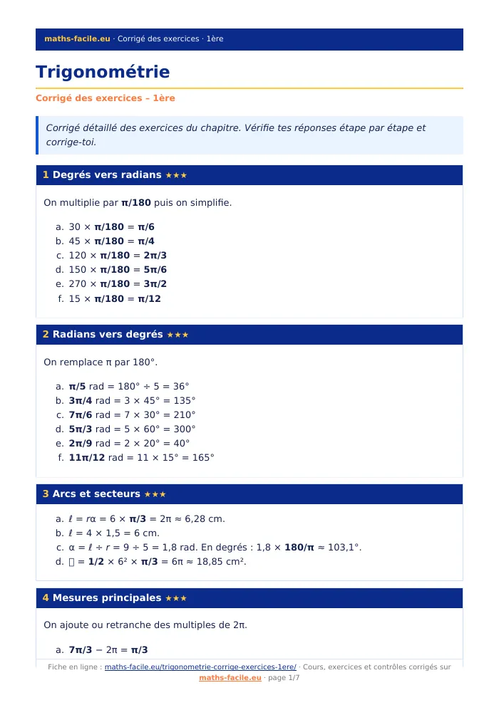 Fiche PDF : Trigonométrie (1ère)