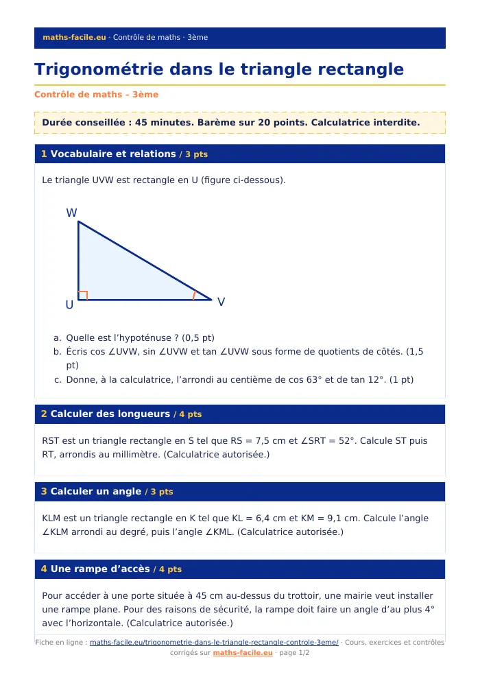 Fiche PDF : Trigonométrie dans le triangle rectangle (3ème)
