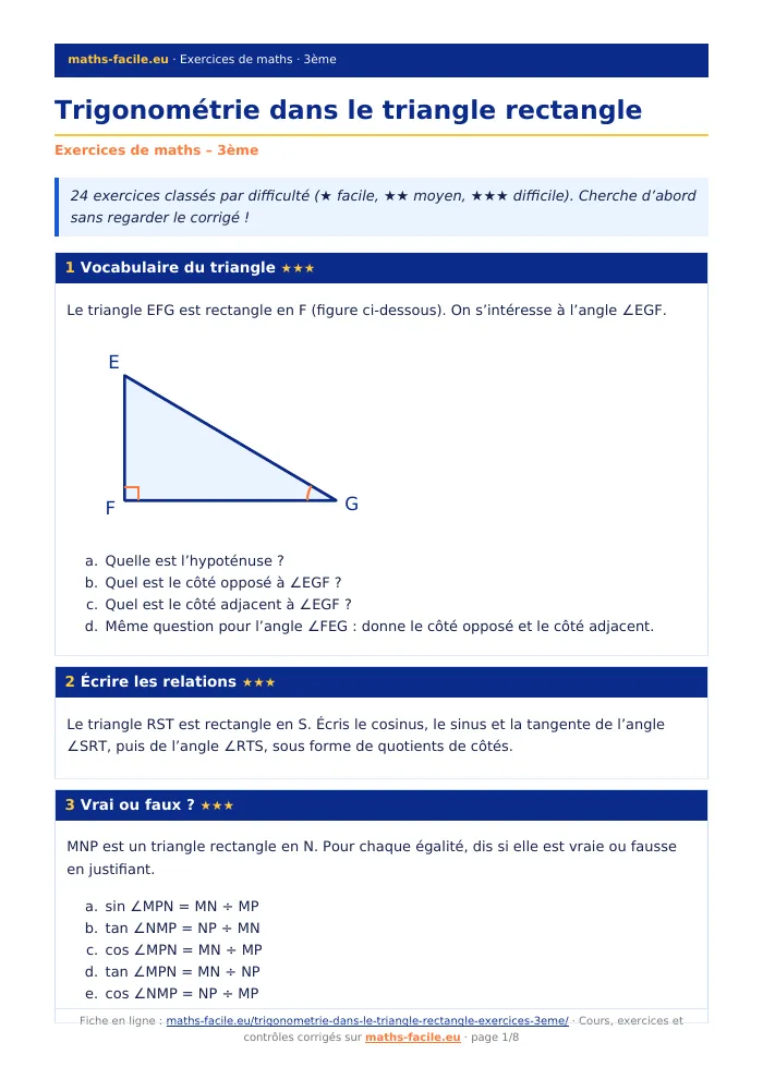Fiche PDF : Trigonométrie dans le triangle rectangle (3ème)