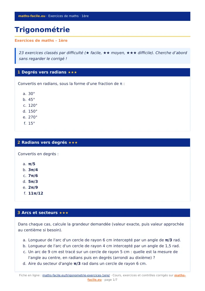Fiche PDF : Trigonométrie (1ère)