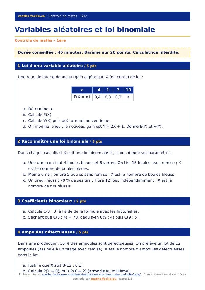 Fiche PDF : Variables aléatoires et loi binomiale (1ère)