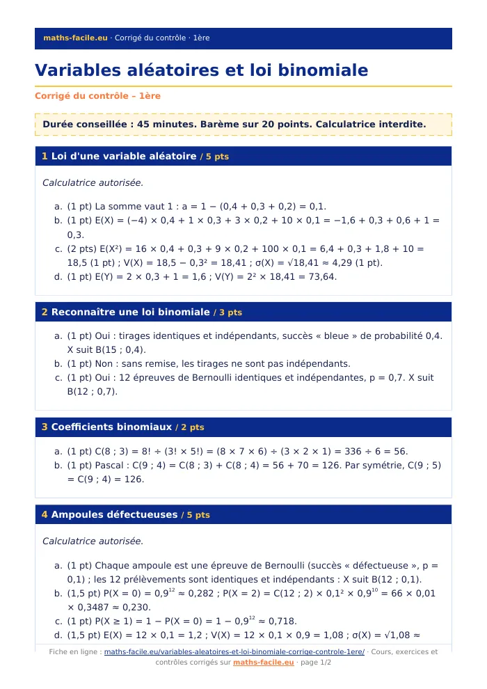 Fiche PDF : Variables aléatoires et loi binomiale (1ère)