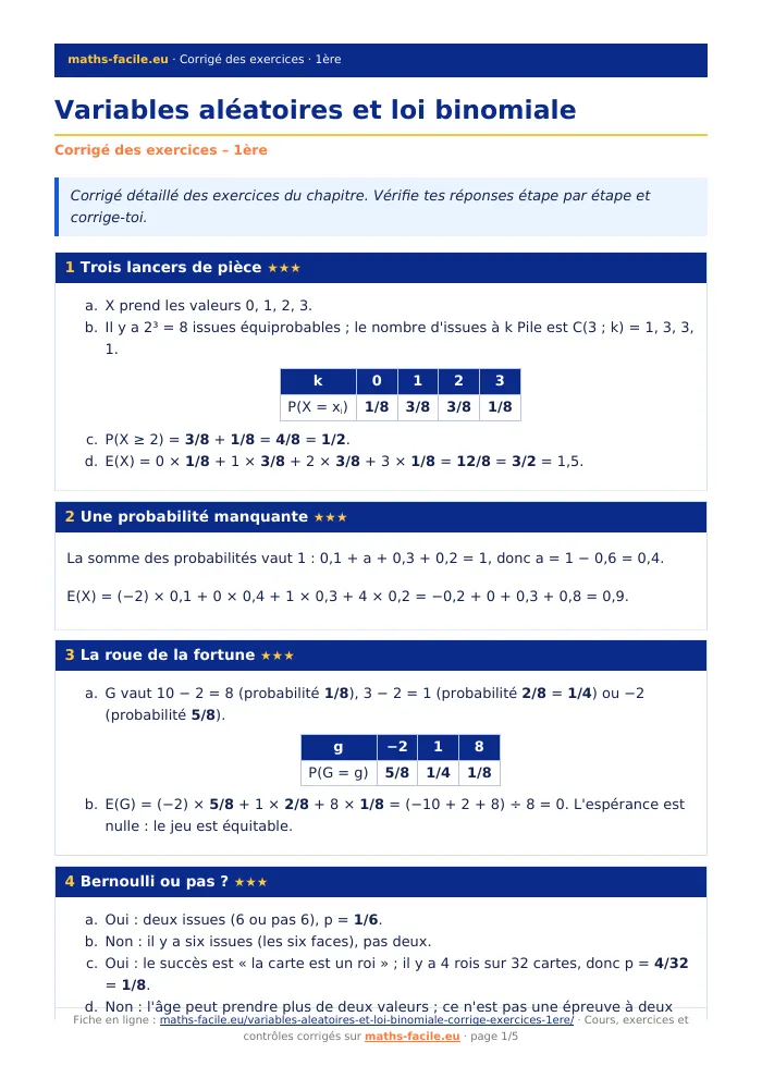 Fiche PDF : Variables aléatoires et loi binomiale (1ère)