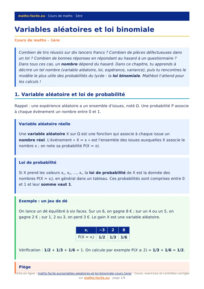 Fiche PDF : Variables aléatoires et loi binomiale (1ère)