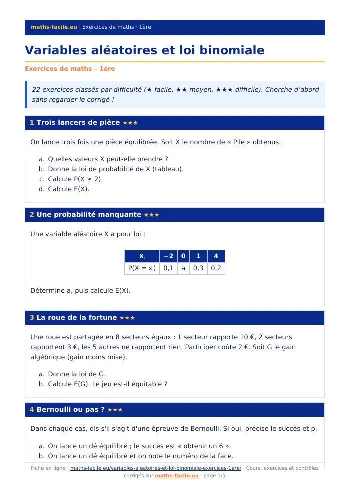 Fiche PDF : Variables aléatoires et loi binomiale (1ère)