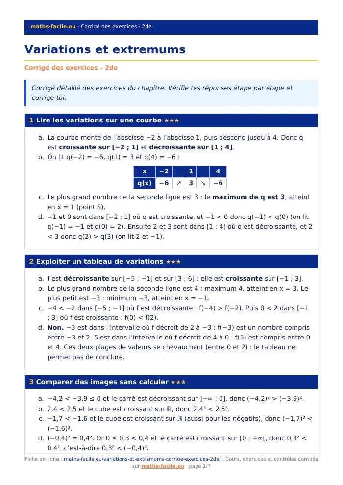 Fiche PDF : Variations et extremums (2de)