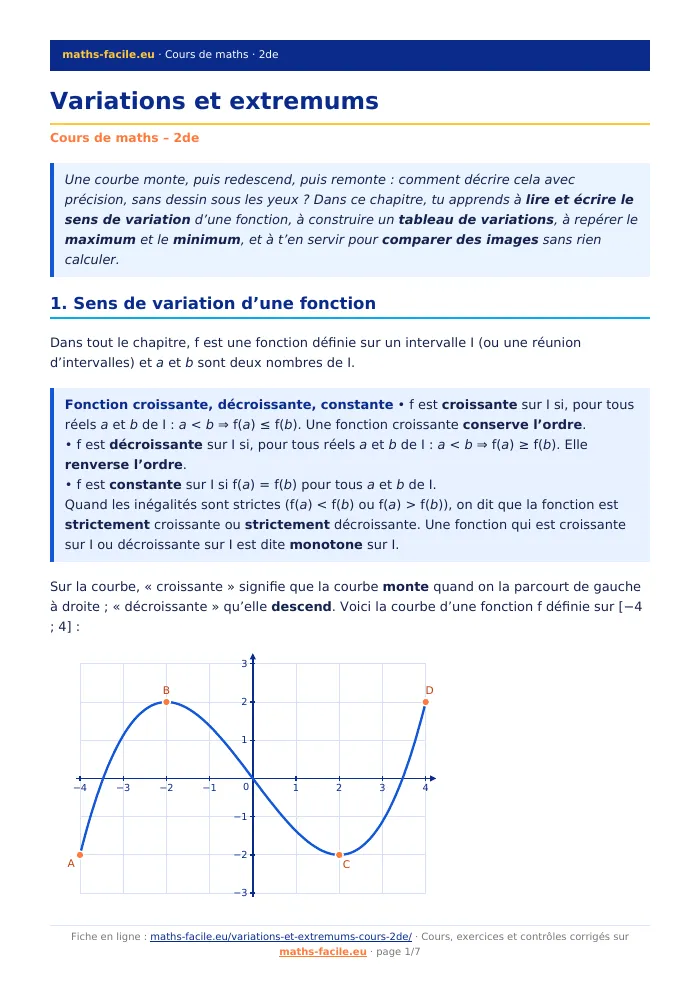 Fiche PDF : Variations et extremums (2de)