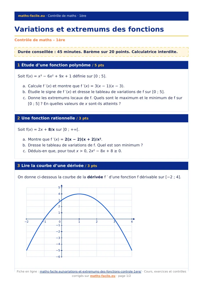 Fiche PDF : Variations et extremums des fonctions (1ère)