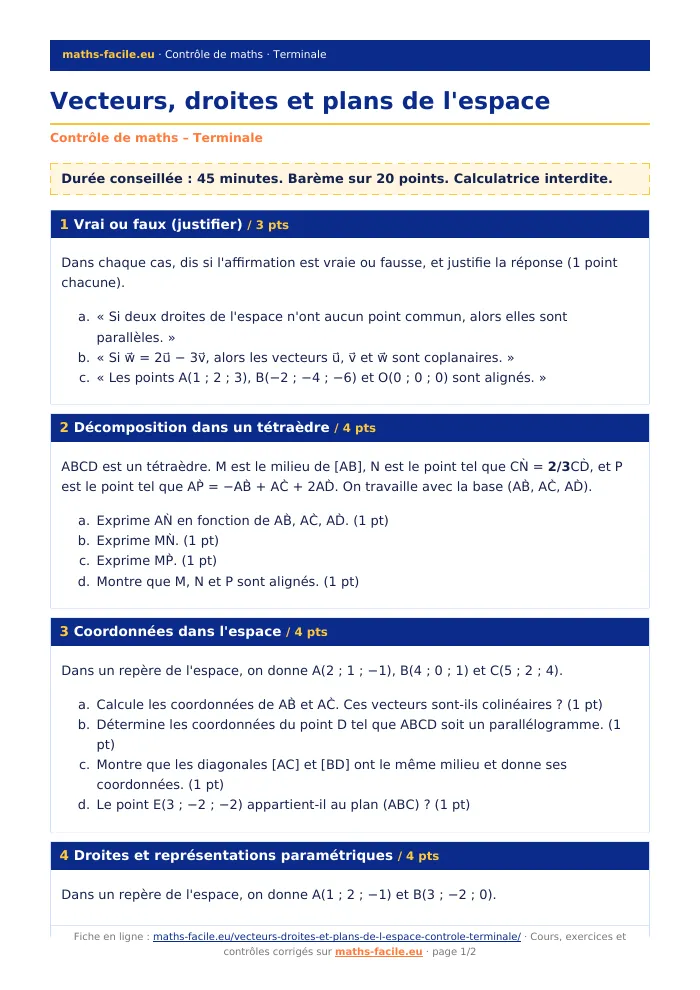 Fiche PDF : Vecteurs, droites et plans de l&rsquo;espace (Terminale)