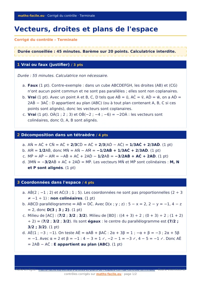 Fiche PDF : Vecteurs, droites et plans de l&rsquo;espace (Terminale)