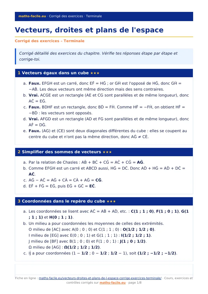 Fiche PDF : Vecteurs, droites et plans de l&rsquo;espace (Terminale)
