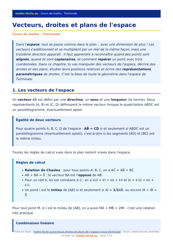 Fiche PDF : Vecteurs, droites et plans de l&rsquo;espace (Terminale)