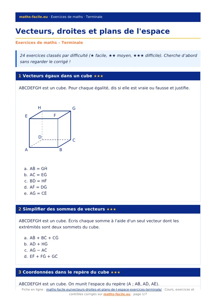 Fiche PDF : Vecteurs, droites et plans de l&rsquo;espace (Terminale)