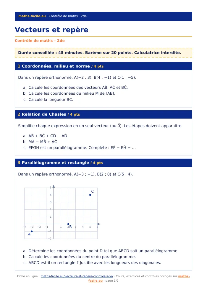 Fiche PDF : Vecteurs et repère (2de)