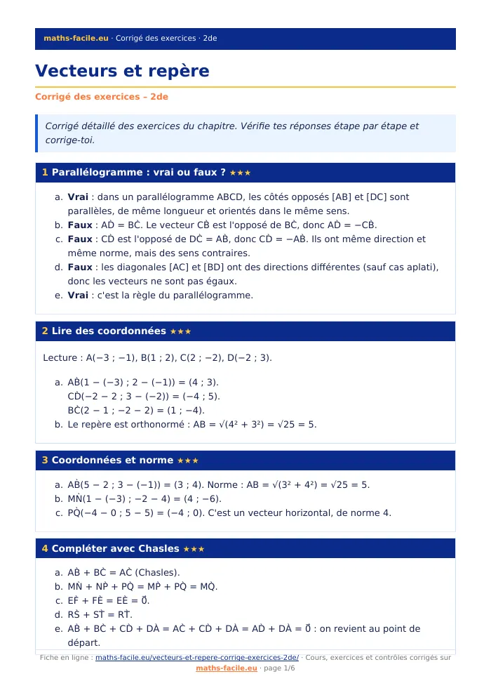Fiche PDF : Vecteurs et repère (2de)
