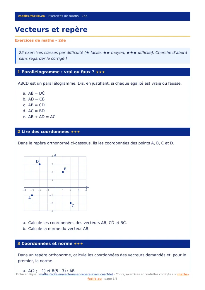 Fiche PDF : Vecteurs et repère (2de)