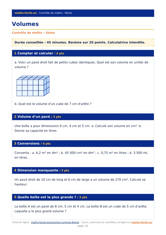 Fiche PDF : Volumes (6ème)