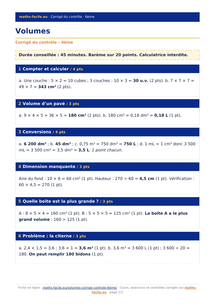 Fiche PDF : Volumes (6ème)