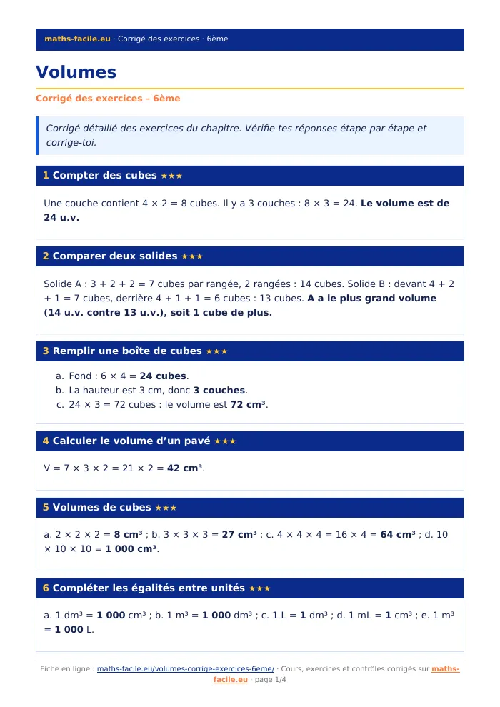 Fiche PDF : Volumes (6ème)