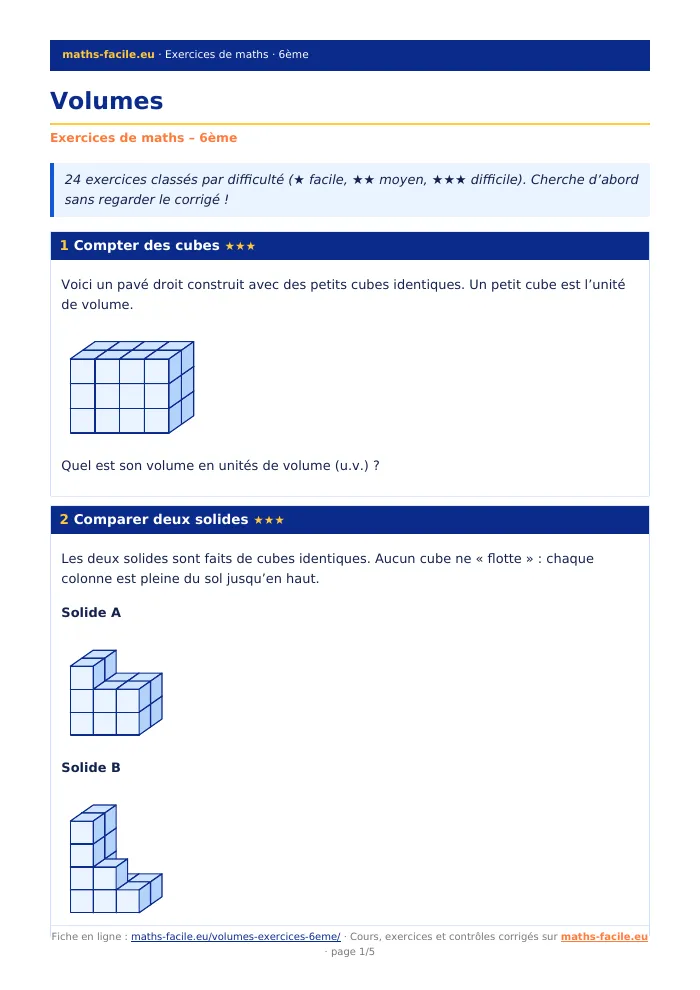 Fiche PDF : Volumes (6ème)